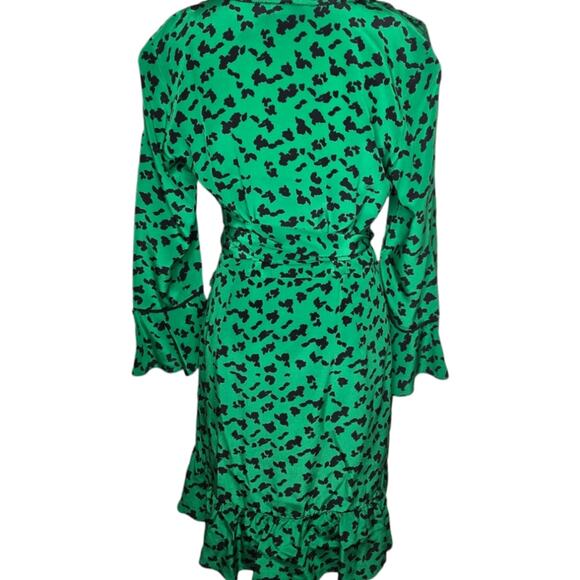Tonya Taylor Nomi Wrap Ruffle Silk Dress Green Leopard Print Size 8 - Picture 5 of 14